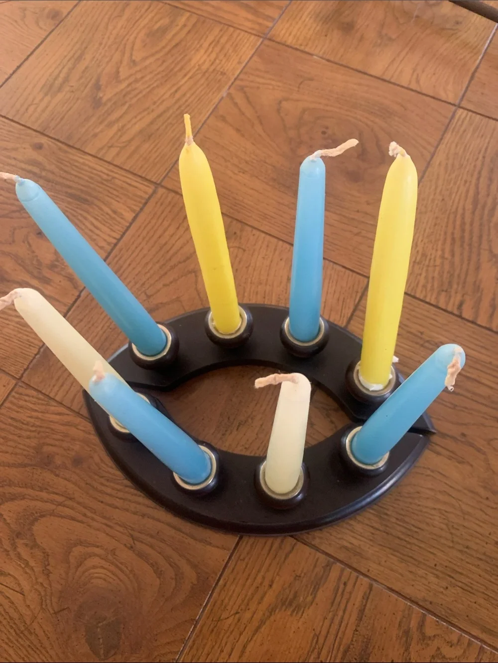 Vintage Taper Candle Set with Dark Wood Holder - Yellow, Blue, Cream